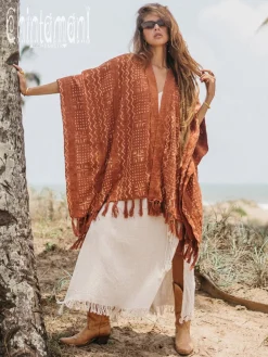Block Print Poncho t / Rust
