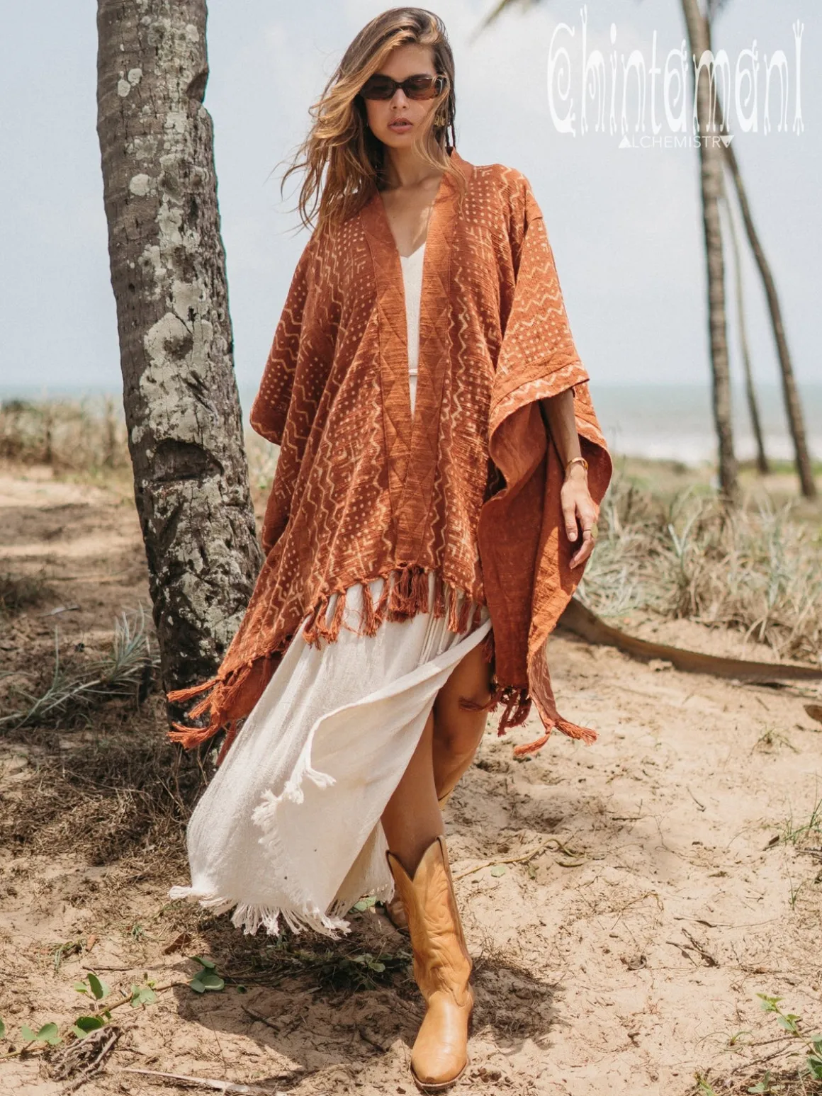 Block Print Poncho t / Rust