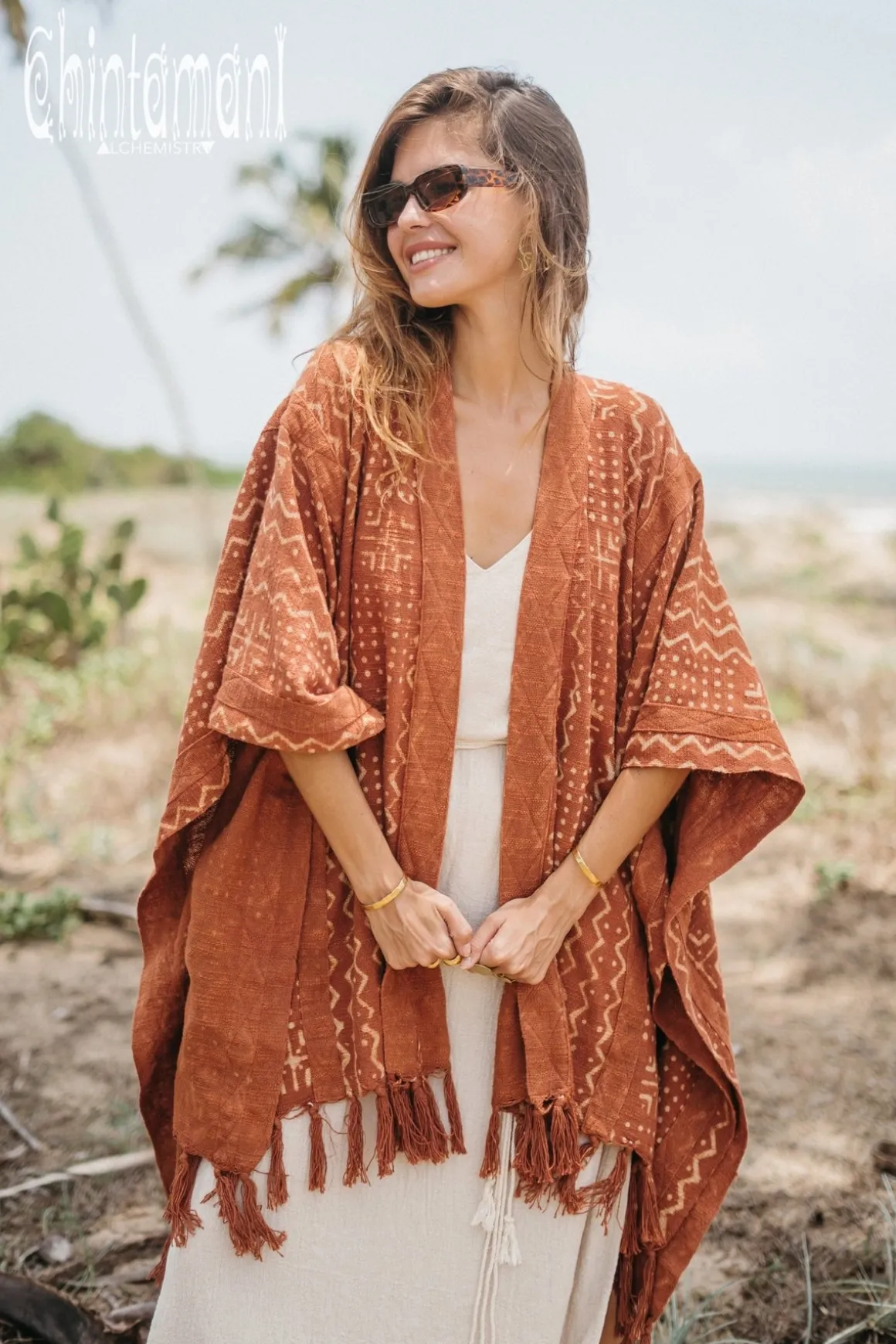 Block Print Poncho t / Rust