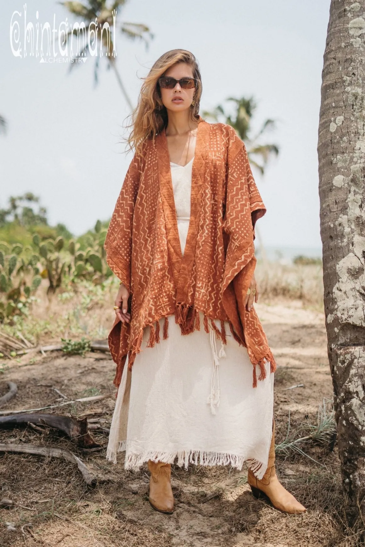 Block Print Poncho t / Rust