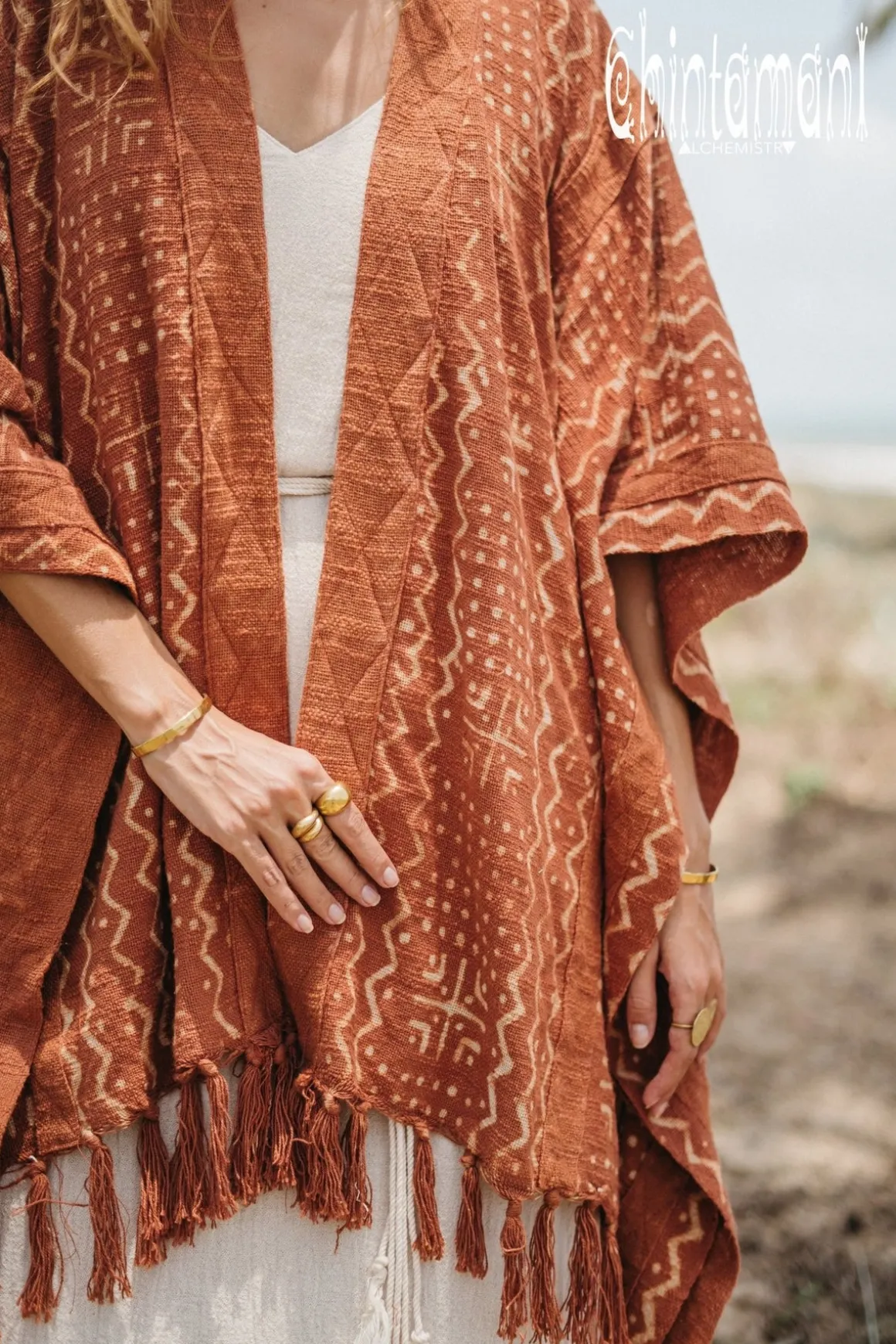 Block Print Poncho t / Rust