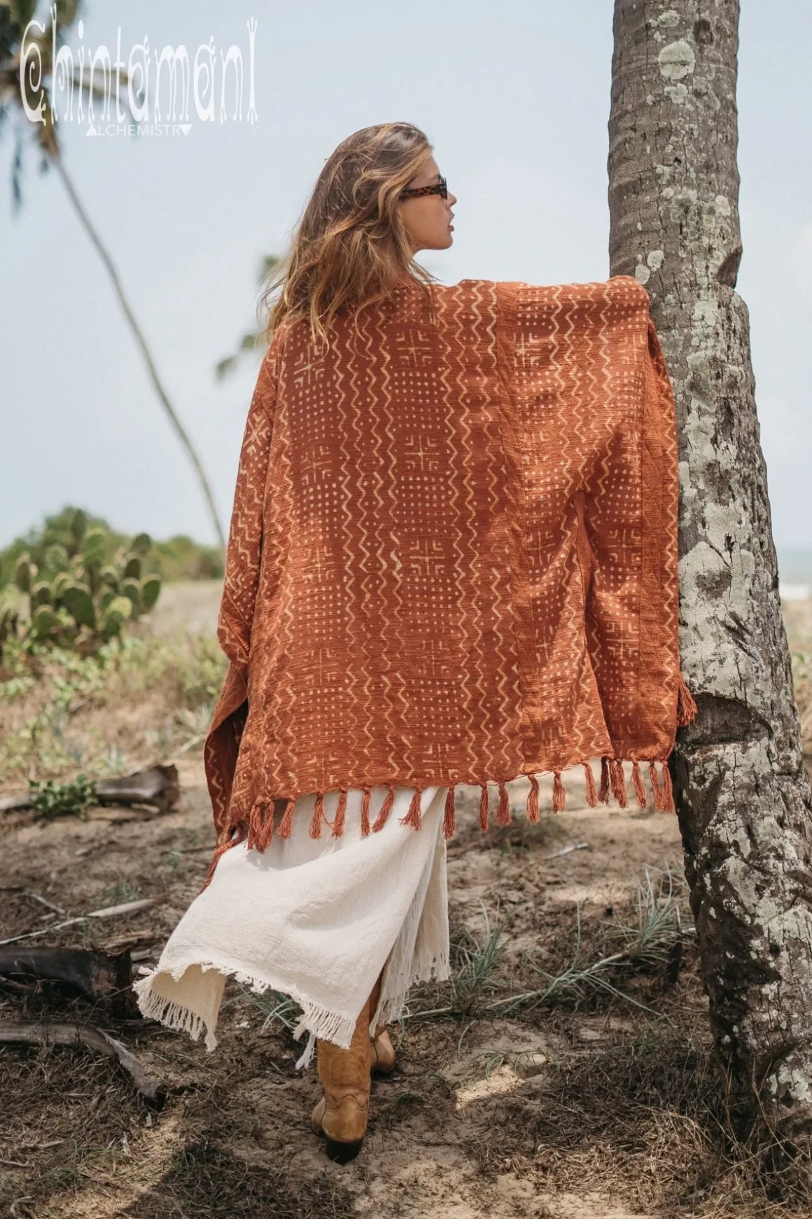 Block Print Poncho t / Rust