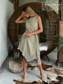 Corner Fringed Dress / Sage Green
