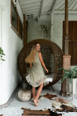 Corner Fringed Dress / Sage Green