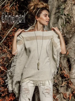 Cotton Poncho Top / Beige & White