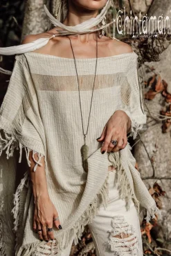 Cotton Poncho Top / Beige & White