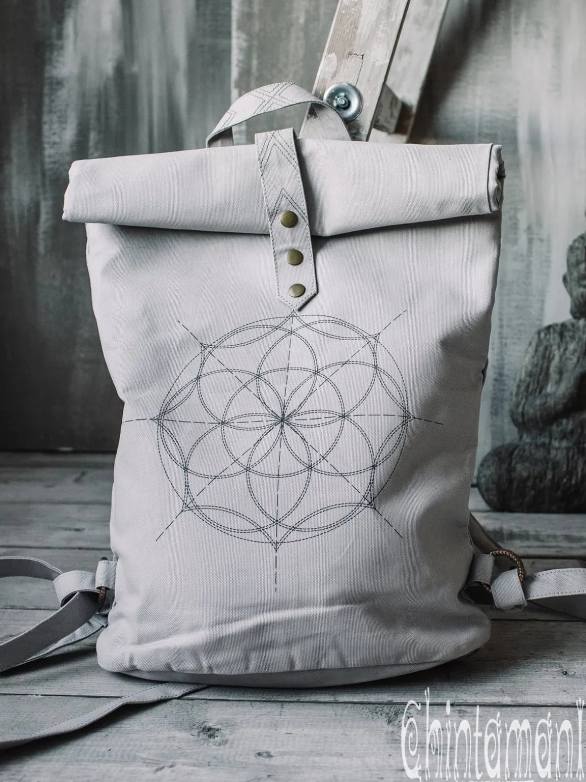 Flower RollTop Backpack / Light Gray