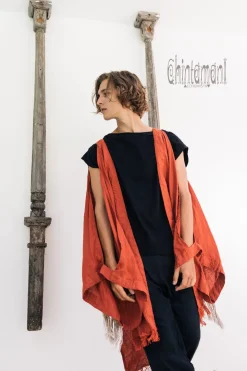 Fringe Linen Kimono / Red Ochre