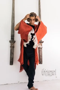 Fringe Linen Kimono / Red Ochre