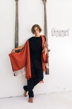 Fringe Linen Kimono / Red Ochre