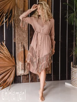 Fringe Linen Mini Dress / Dusty Pink