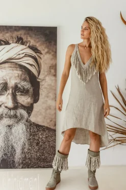 Fringe Linen Mini Dress / Natural Grey
