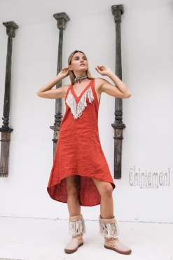 Fringe Linen Mini Dress / Red Ochre