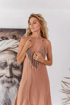 Fringe Linen Mini Dress / Dusty Rose