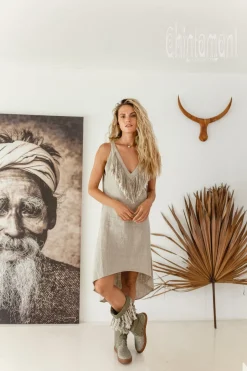 Fringe Linen Mini Dress / Natural Grey