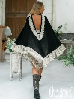 Fringed Cotton Poncho / Black