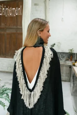 Fringed Cotton Poncho / Black
