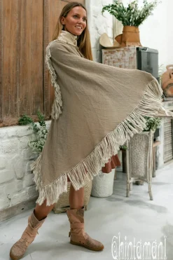 Fringed Cotton Poncho / Desert Sage