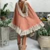 Fringed Cotton Poncho / Dusty Pink