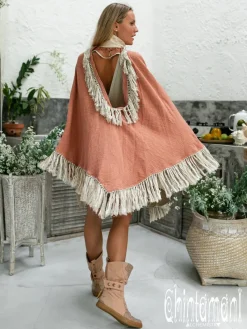 Fringed Cotton Poncho / Dusty Pink