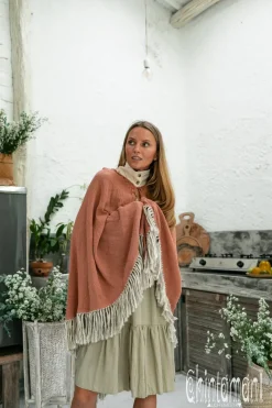 Fringed Cotton Poncho / Dusty Pink