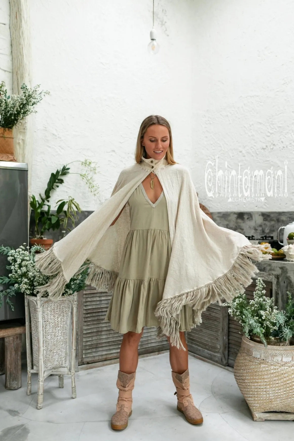 Fringed Cotton Poncho / Off White