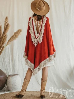 Fringed Cotton Poncho / Red Ochre