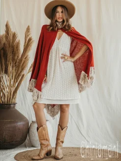 Fringed Cotton Poncho / Red Ochre