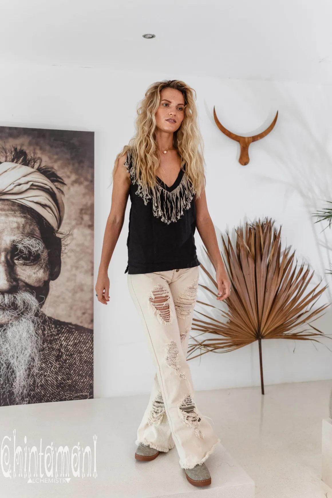 Fringy Linen Top / Black