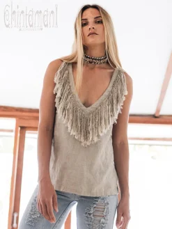Fringy Linen Top / Gray