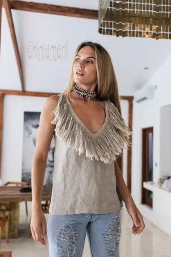 Fringy Linen Top / Gray
