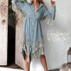 Linen Fringe Shirt Dress / Light Blue
