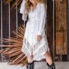 Linen Fringe Shirt Dress / White
