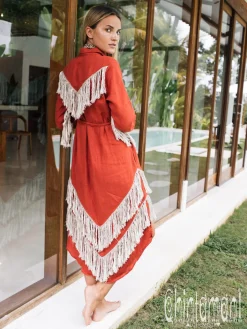 Linen Fringe Shirt Dress / Red Ochre