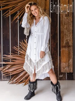 Linen Fringe Shirt Dress / White