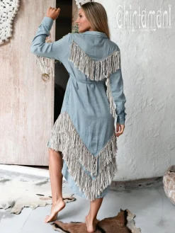Linen Fringe Shirt Dress / Light Blue