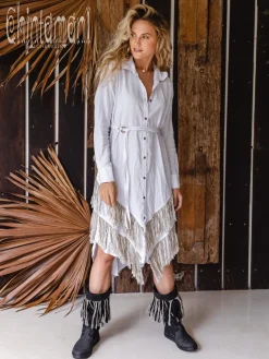 Linen Fringe Shirt Dress / White