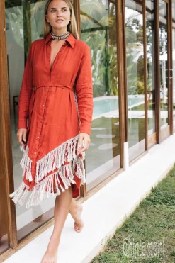 Linen Fringe Shirt Dress / Red Ochre