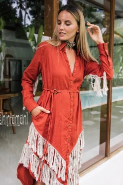 Linen Fringe Shirt Dress / Red Ochre