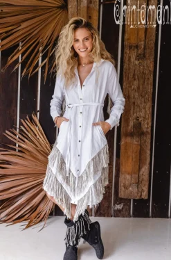 Linen Fringe Shirt Dress / White