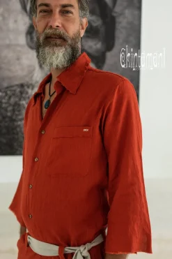 Linen Men's Overalls / Red Ohre