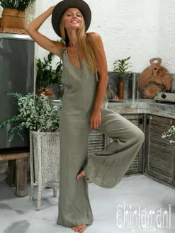 Long Linen Jumpsuit / Green