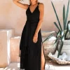 Sleeveless Raw Wrap Dress / Black