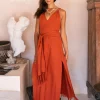 Sleeveless Raw Wrap Dress / Red Ochre