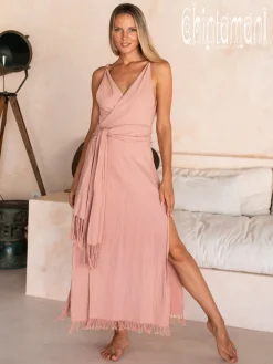 Sleeveless Raw Wrap Dress / Dusty Pink