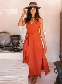 Sleeveless Raw Wrap Dress / Red Ochre