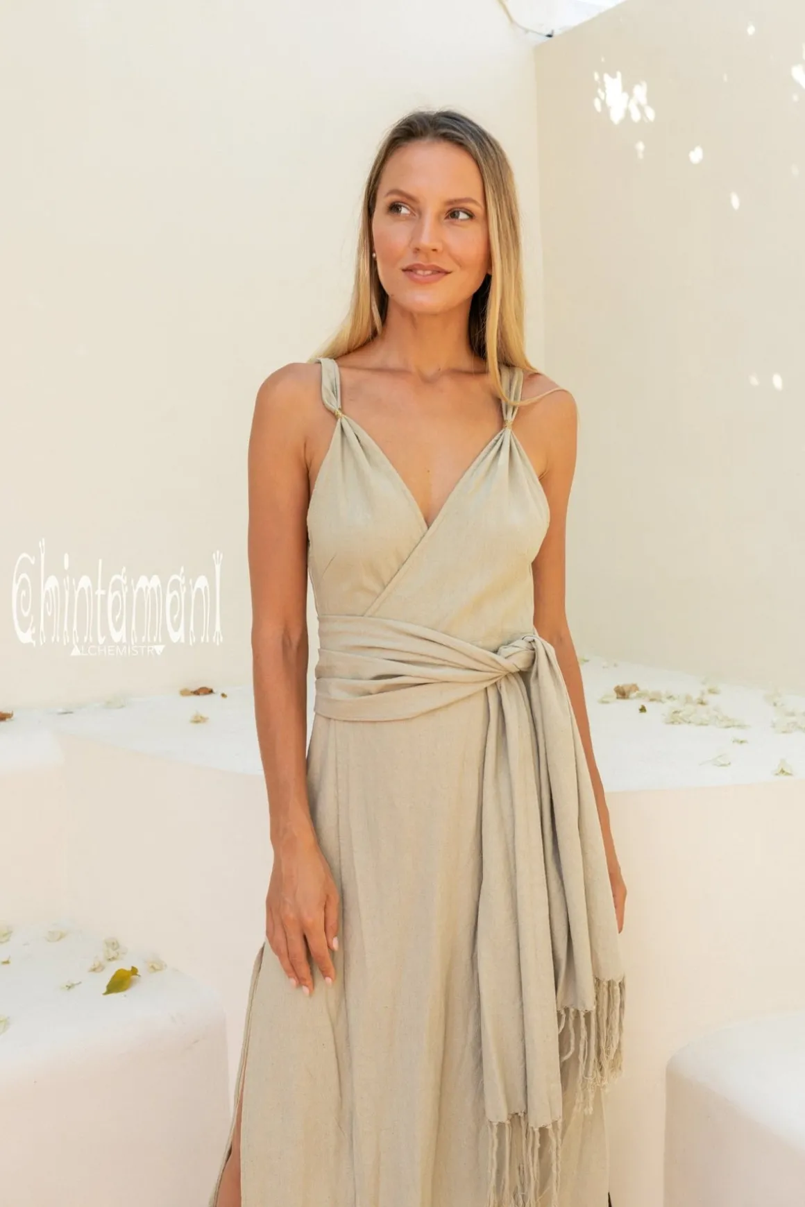 Sleeveless Raw Wrap Dress / Sage