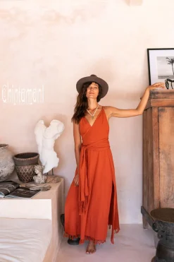 Sleeveless Raw Wrap Dress / Red Ochre