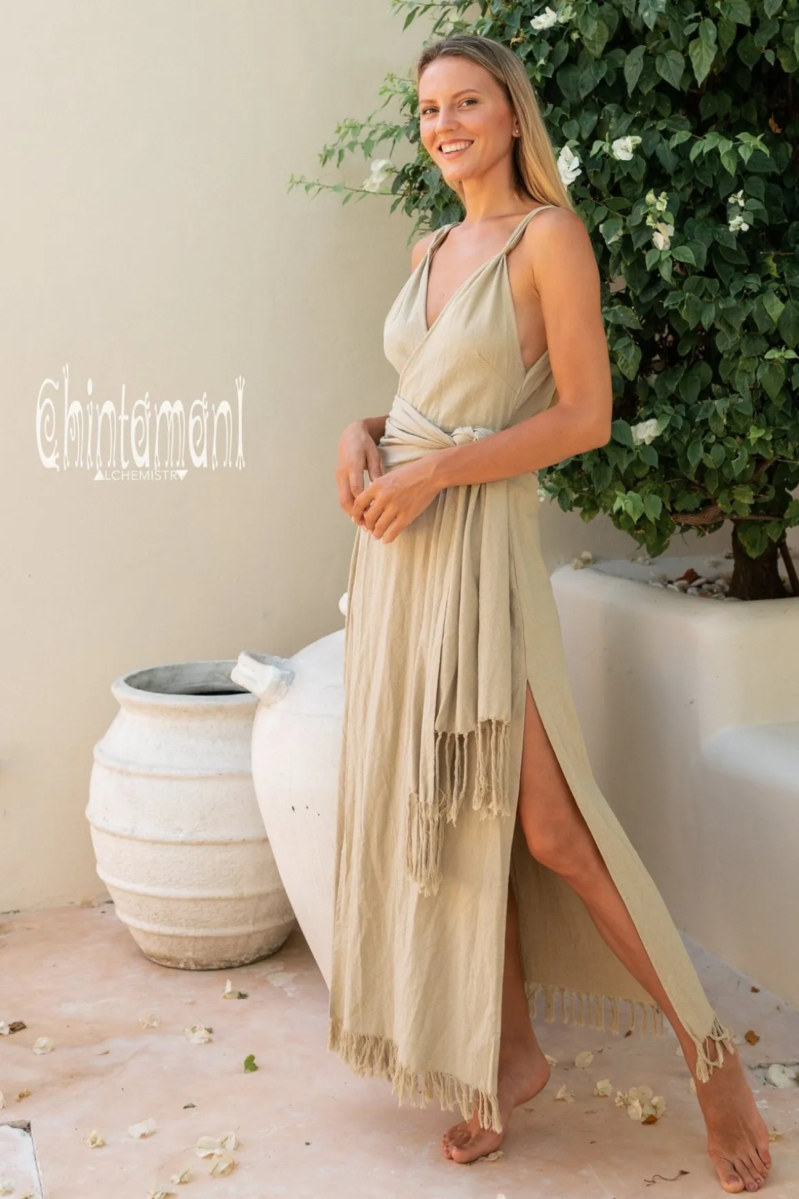 Sleeveless Raw Wrap Dress / Sage