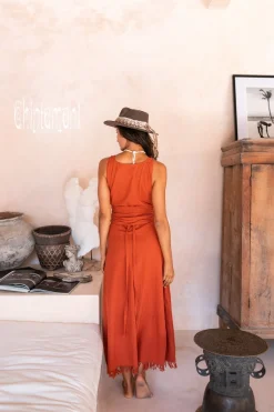 Sleeveless Raw Wrap Dress / Red Ochre